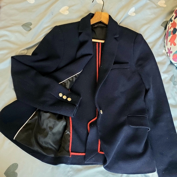 ZARA WOMAN Navy Blue Fitted Blazer Gold Buttons Sz M - Picture 2 of 7